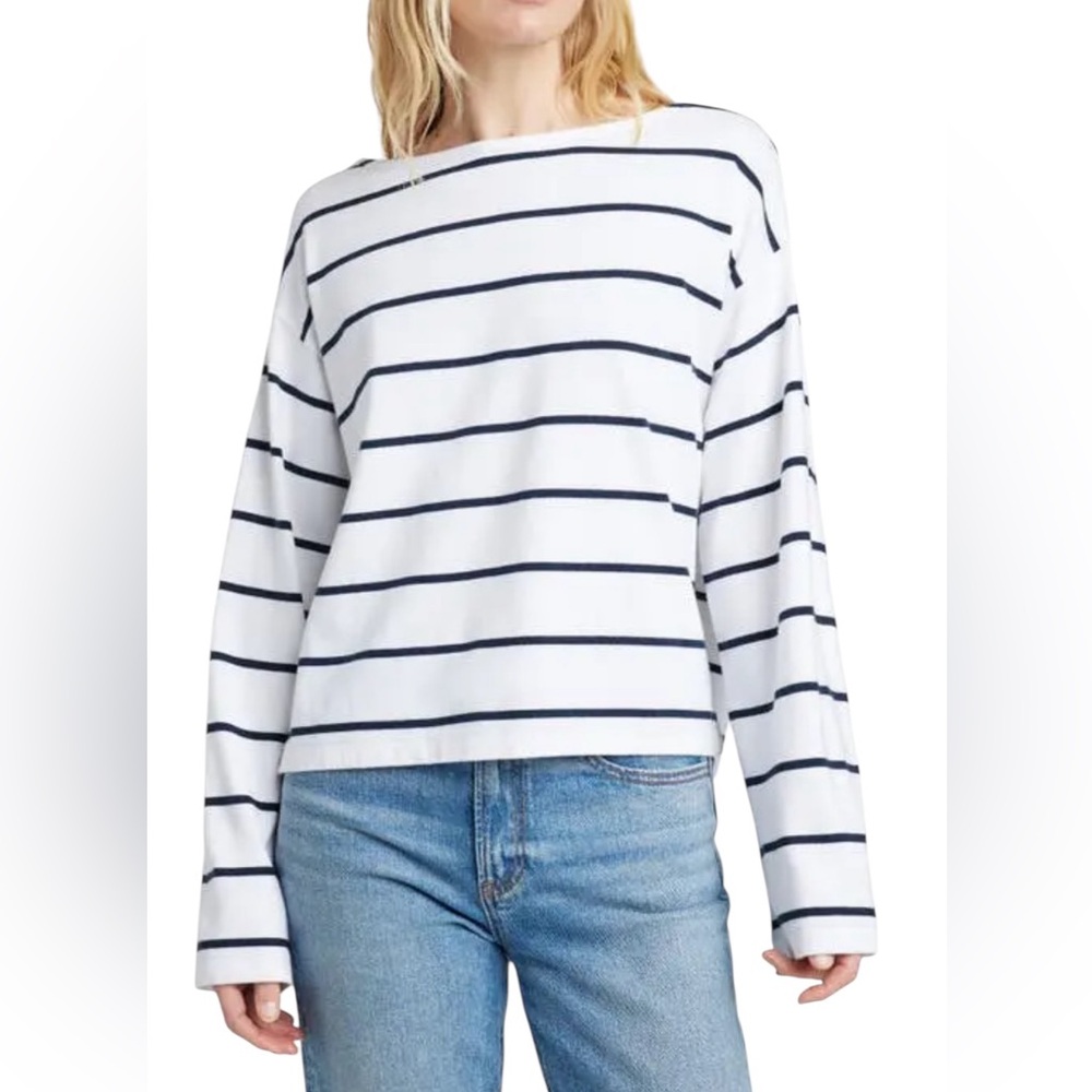 Faherty Rugby Stripe Cotton Boat Neck T-Shirt in White Navy Sz L